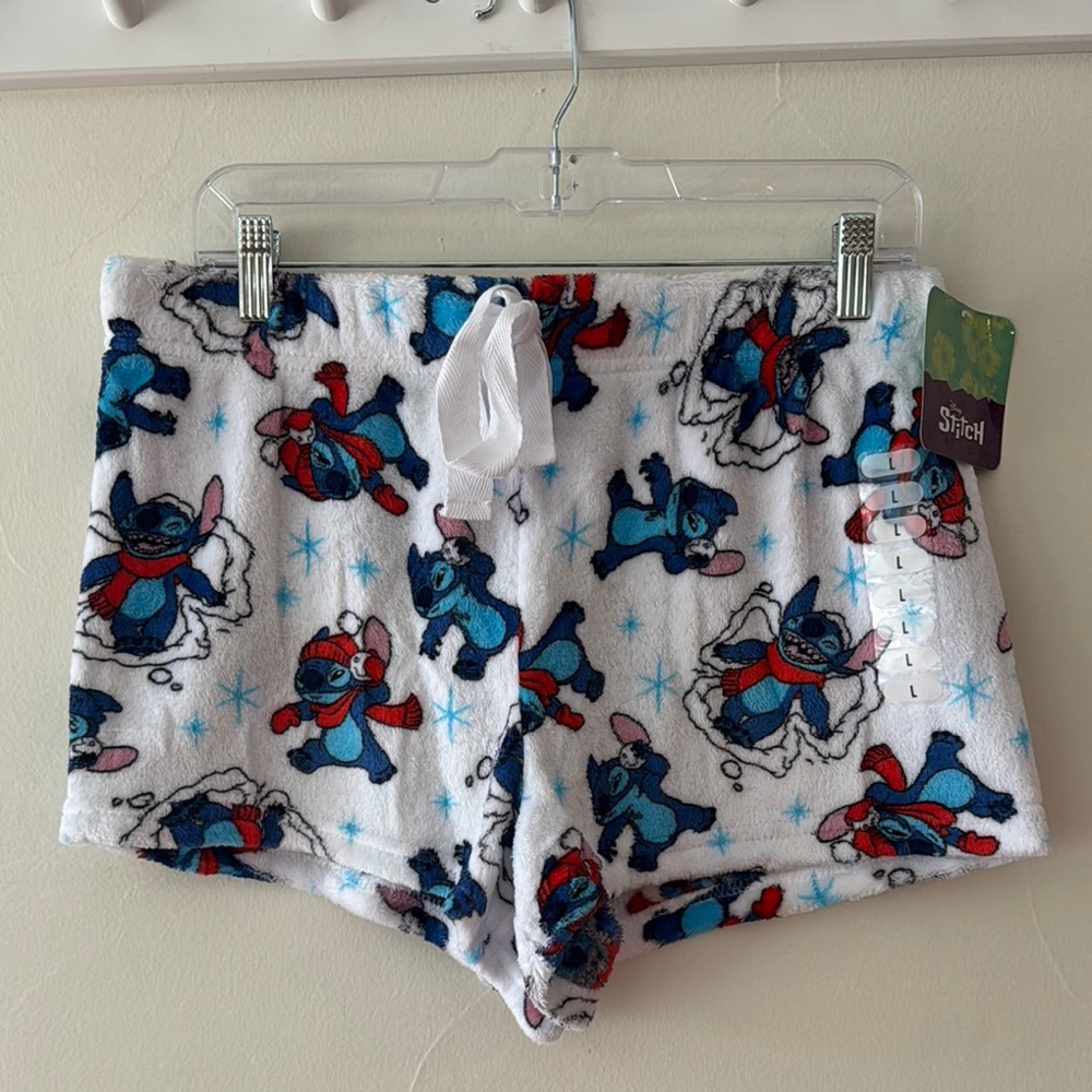 NWT Disney Stitch Plush Lounge Shorts - Blue, Red, White, Winter Themed